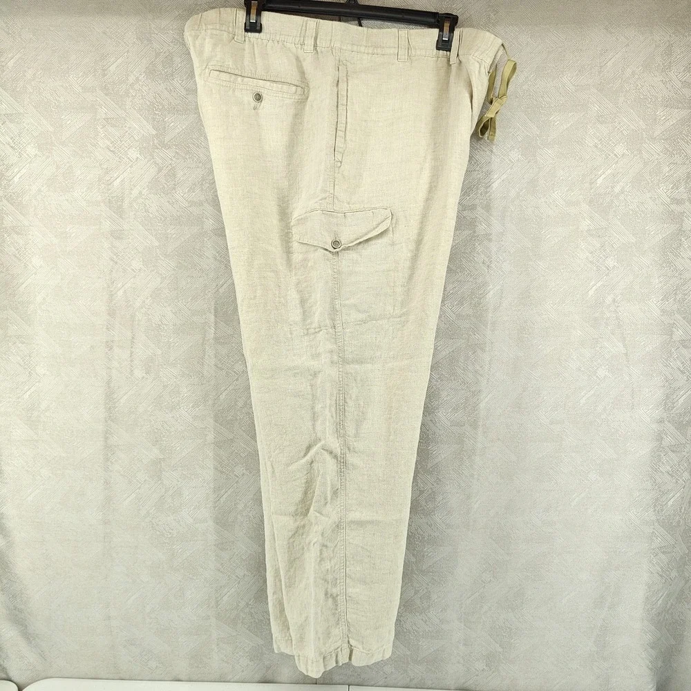 Caribbean Cargo Pants Mens 46x32 Beige 100% Linen Drawstring Tropical Vacation